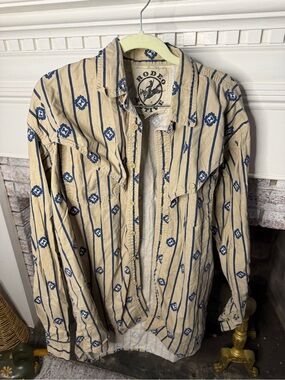 Rodeo Active Western Shirt Men's XL Beige Blue Aztec Stripe Button Front